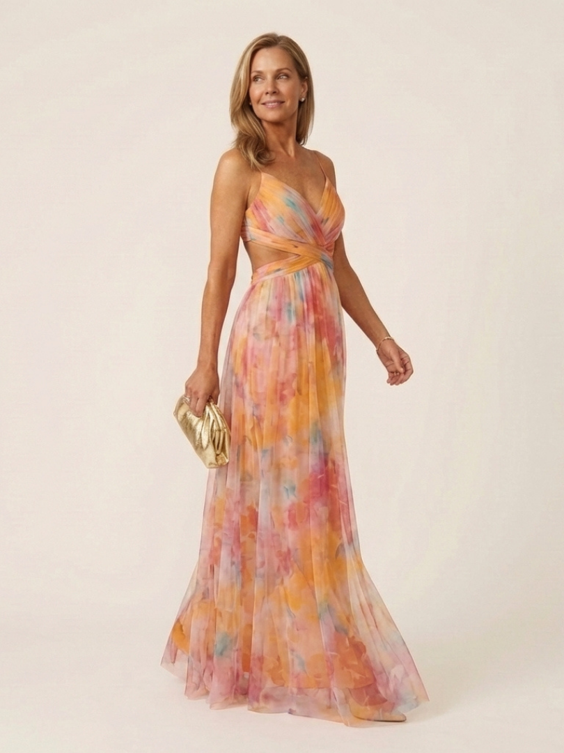 Women's Sleeveless V-Neck Pleated Maxi Dress with Draping