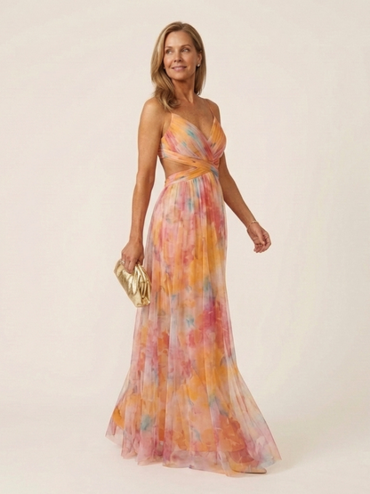 Women's Sleeveless V-Neck Pleated Maxi Dress with Draping