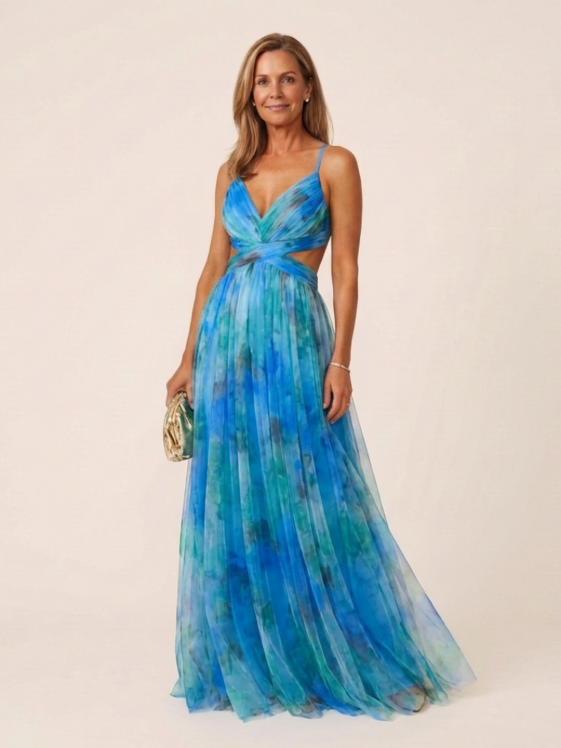 Women's Sleeveless V-Neck Pleated Maxi Dress with Draping