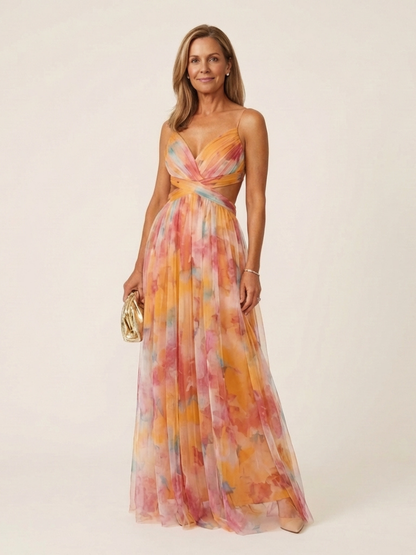 Women's Sleeveless V-Neck Pleated Maxi Dress with Draping