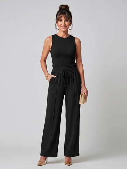 Women's Sleeveless Wide-Leg Pants Set with Drawstring Waist