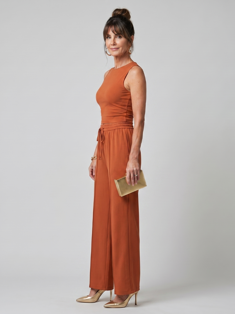 Women's Sleeveless Wide-Leg Pants Set with Drawstring Waist