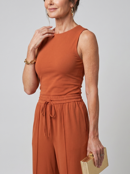 Women's Sleeveless Wide-Leg Pants Set with Drawstring Waist