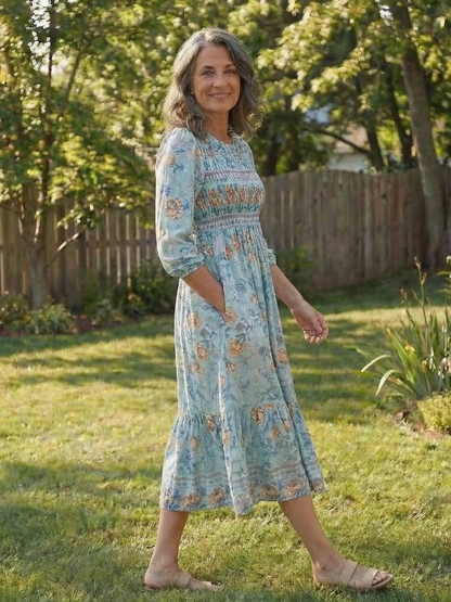 Women's Smocked Midi Dress with Half Sleeves for Summer