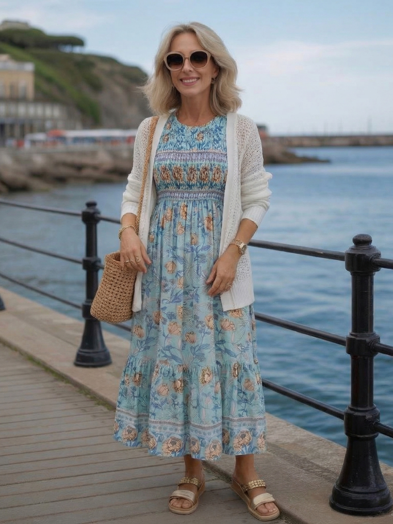 Women's Smocked Midi Dress with Half Sleeves for Summer
