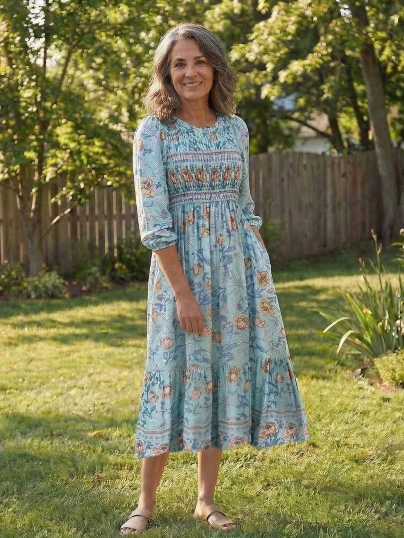 Women's Smocked Midi Dress with Half Sleeves for Summer