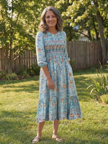 Women's Smocked Midi Dress with Half Sleeves for Summer