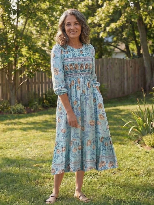 Women's Smocked Midi Dress with Half Sleeves for Summer