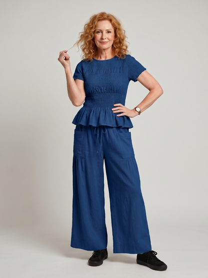 Women's Smocked Top &amp; Wide Leg Trousers Set with Peplum