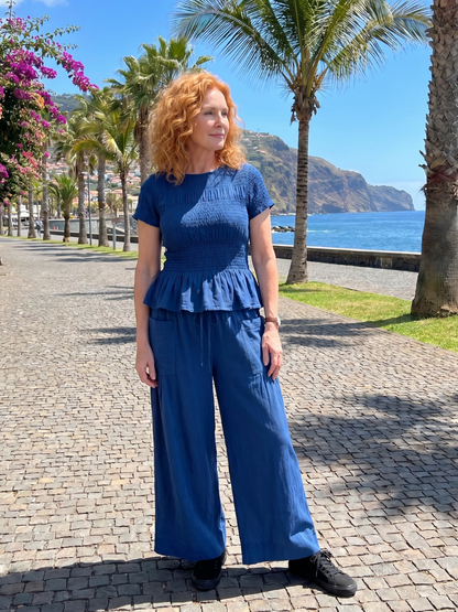 Women's Smocked Top &amp; Wide Leg Trousers Set with Peplum