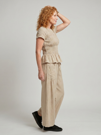 Women's Smocked Top &amp; Wide Leg Trousers Set with Peplum