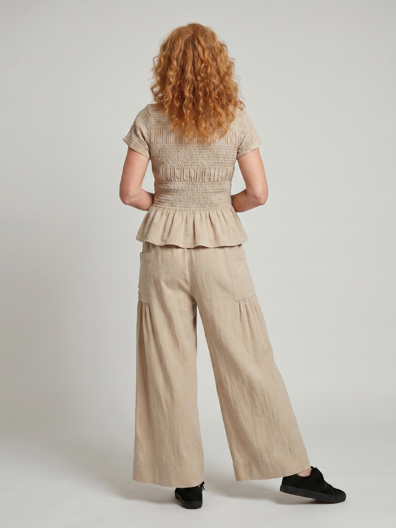 Women's Smocked Top &amp; Wide Leg Trousers Set with Peplum
