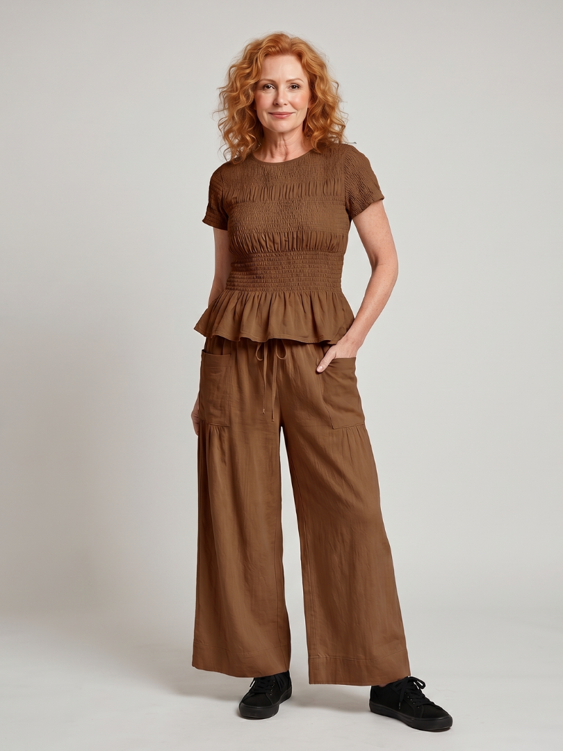 Women's Smocked Top &amp; Wide Leg Trousers Set with Peplum