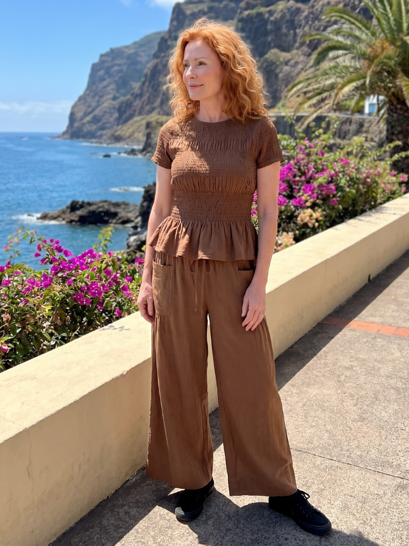 Women's Smocked Top &amp; Wide Leg Trousers Set with Peplum