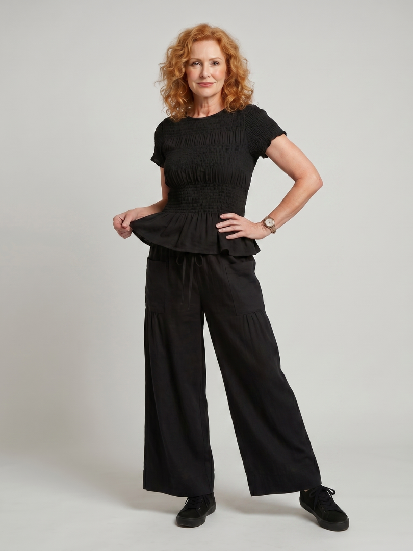 Women's Smocked Top &amp; Wide Leg Trousers Set with Peplum