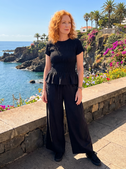 Women's Smocked Top &amp; Wide Leg Trousers Set with Peplum