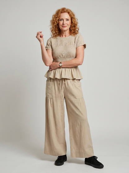 Women's Smocked Top &amp; Wide Leg Trousers Set with Peplum