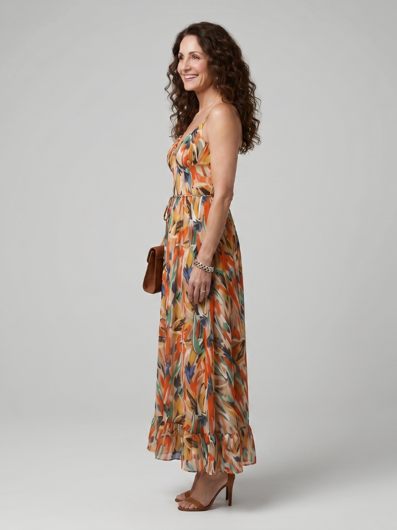 Women's Spaghetti Strap Midi Dress with Abstract Print
