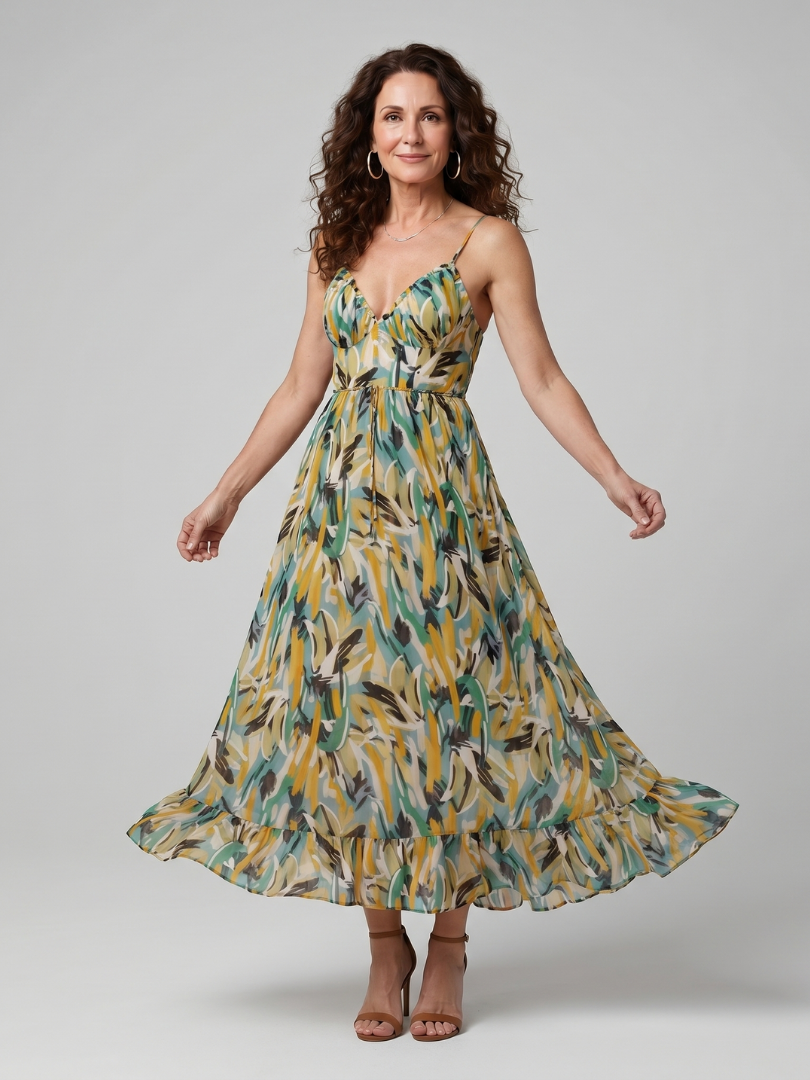 Women's Spaghetti Strap Midi Dress with Abstract Print