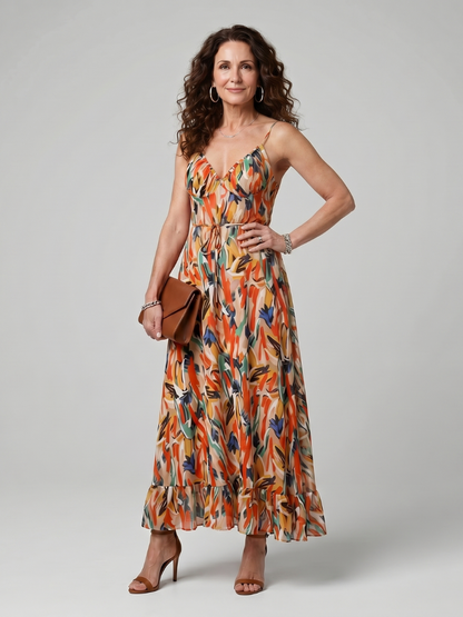 Women's Spaghetti Strap Midi Dress with Abstract Print