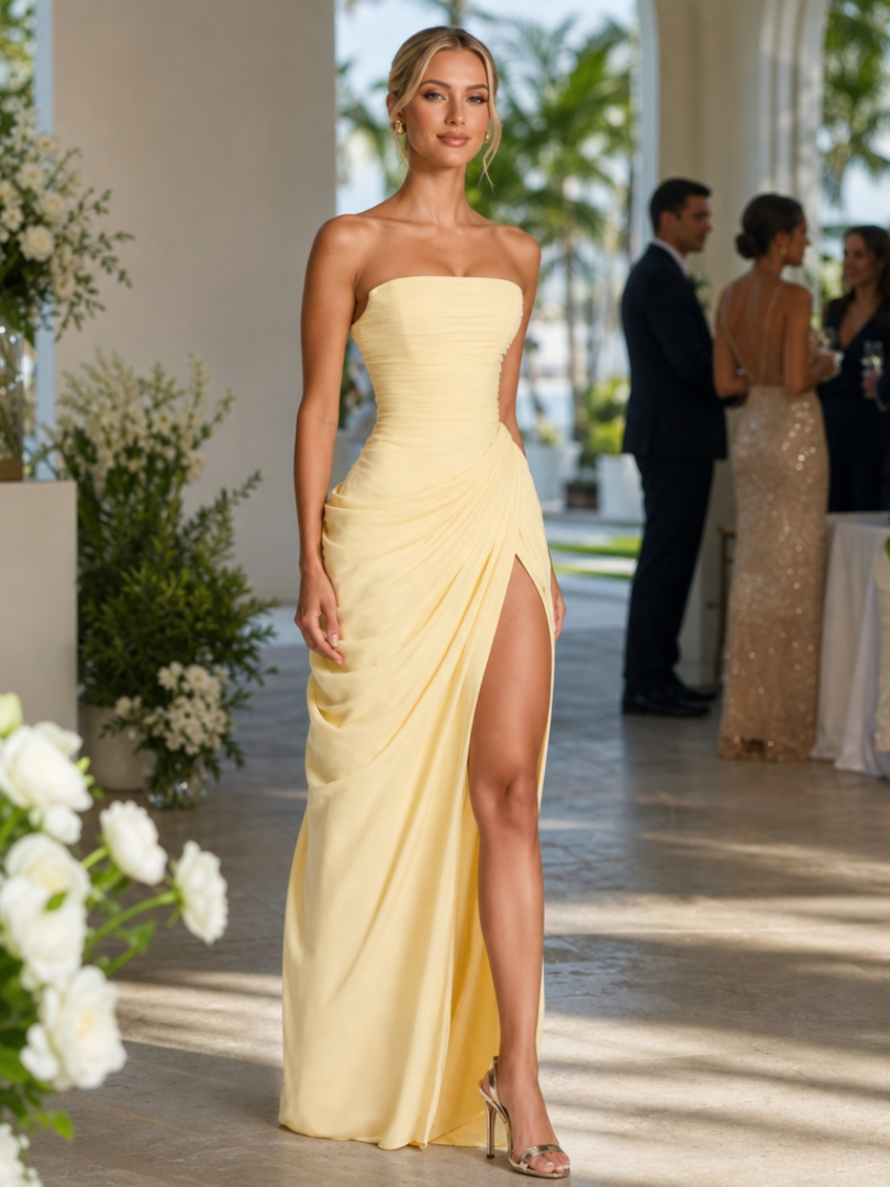 Women's Strapless Maxi Dress with Draped Waist for Evening
