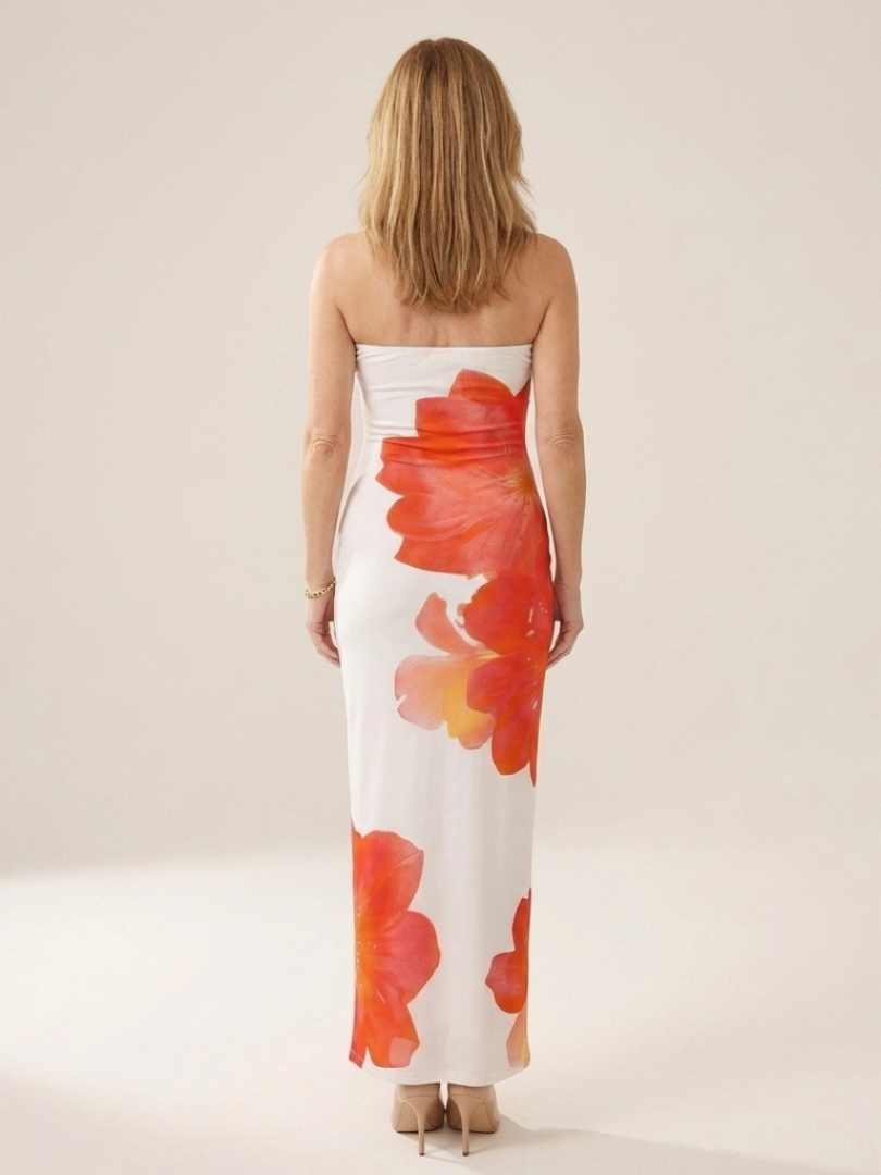 Women's Strapless Maxi Dress with Floral Print for Evening
