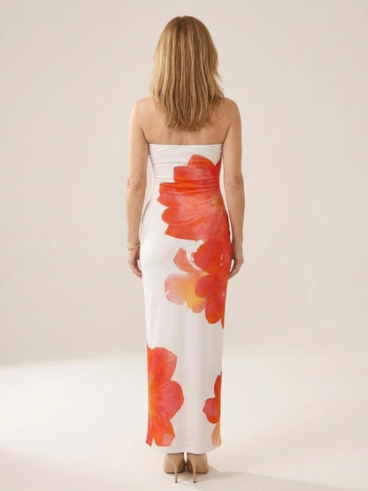 Women's Strapless Maxi Dress with Floral Print for Evening