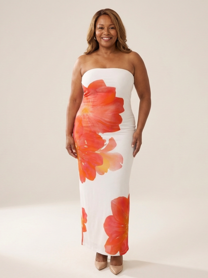 Women's Strapless Maxi Dress with Floral Print for Evening