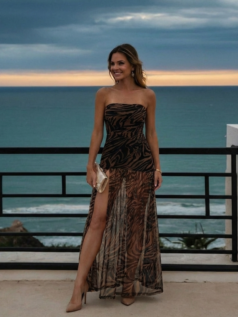 Women's Strapless Maxi Dress with Sheer Overlay for Evening