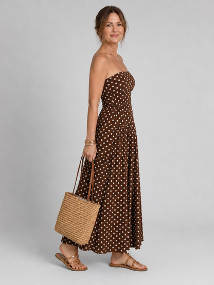 Women's Strapless Midi Dress with Polka Dot for Summer Days