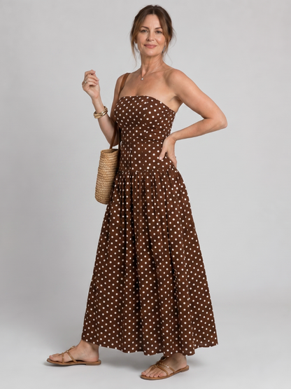 Women's Strapless Midi Dress with Polka Dot for Summer Days