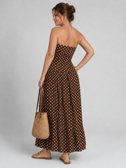 Women's Strapless Midi Dress with Polka Dot for Summer Days