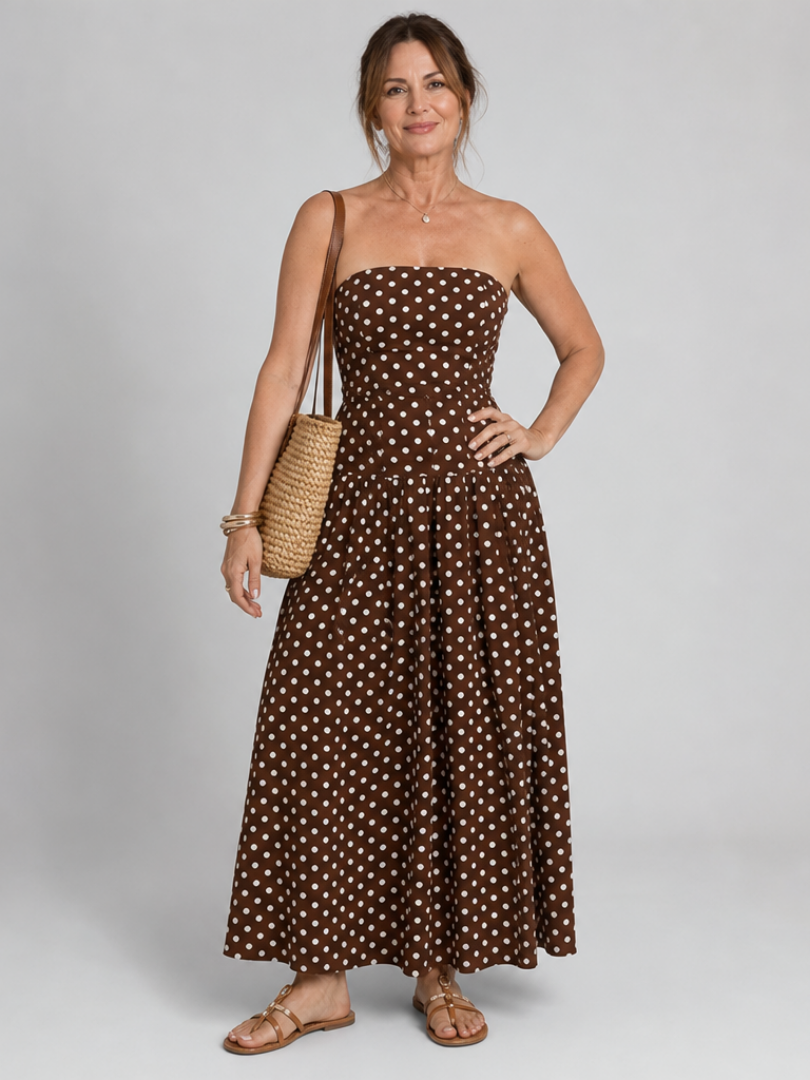 Women's Strapless Midi Dress with Polka Dot for Summer Days