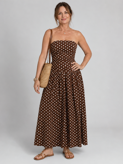Women's Strapless Midi Dress with Polka Dot for Summer Days
