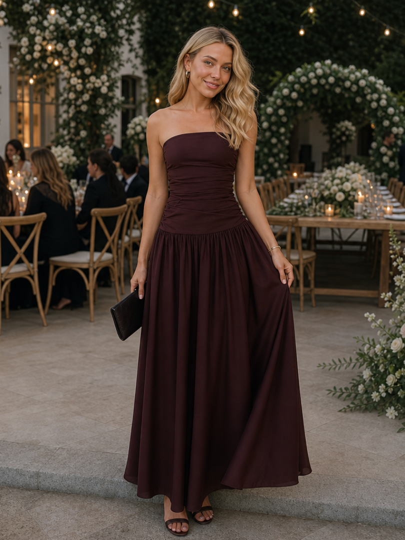 Women's Strapless Midi Dress with Ruched Bodice for Evening