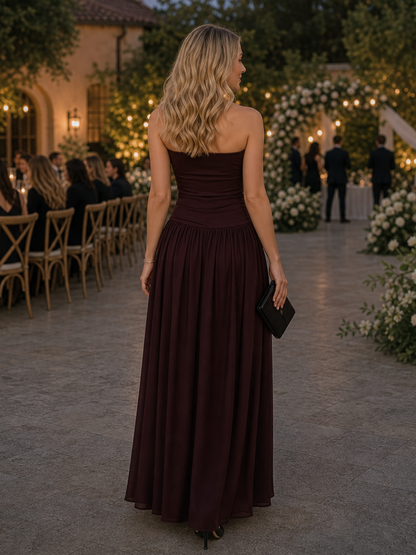 Women's Strapless Midi Dress with Ruched Bodice for Evening