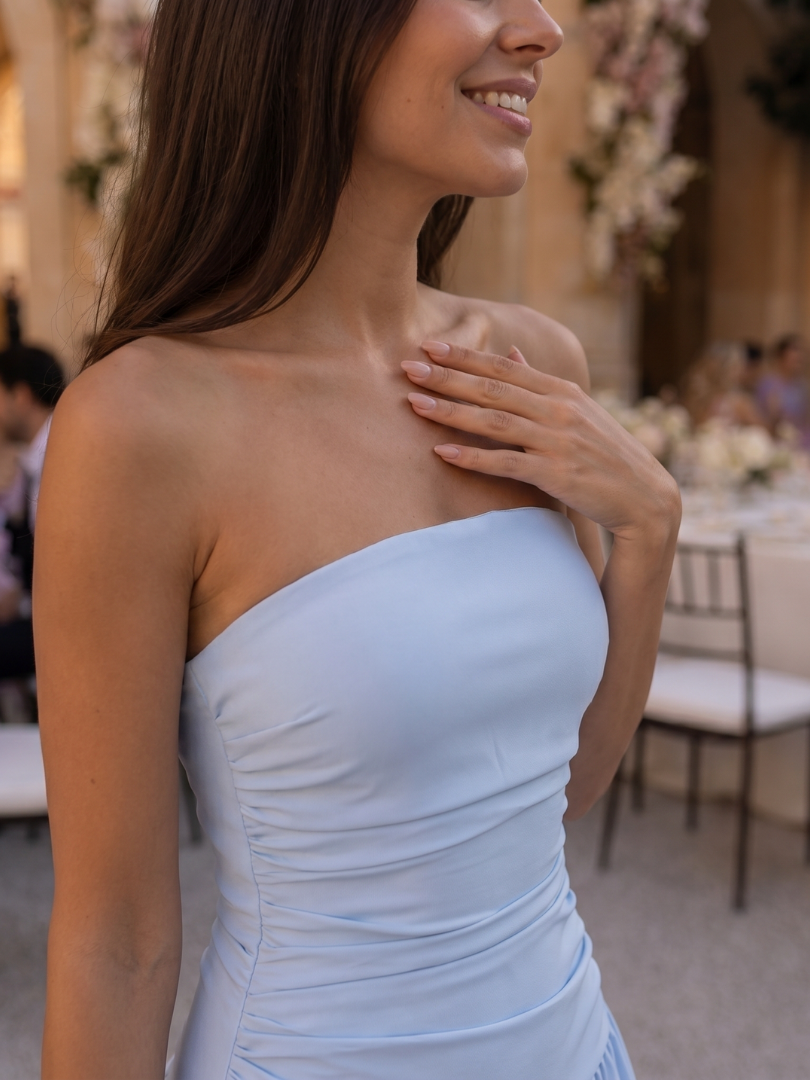 Women's Strapless Midi Dress with Ruched Bodice for Evening