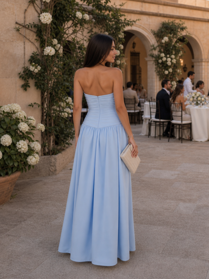 Women's Strapless Midi Dress with Ruched Bodice for Evening