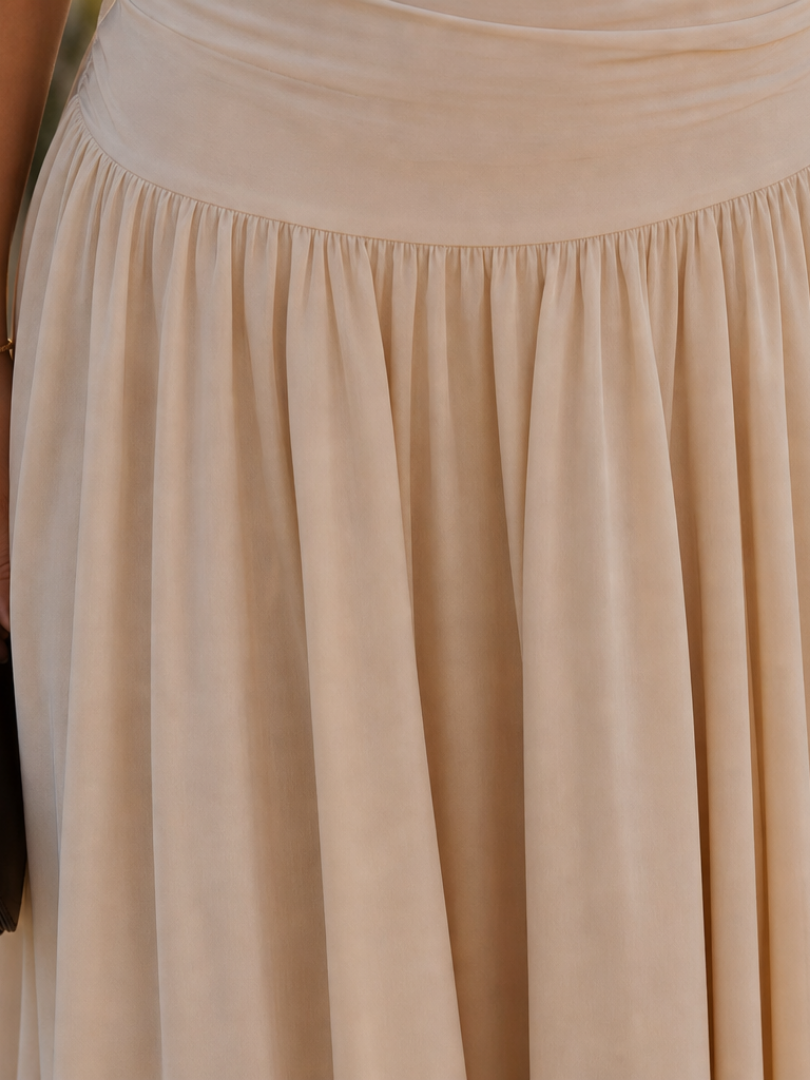 Women's Strapless Midi Dress with Ruched Bodice for Evening