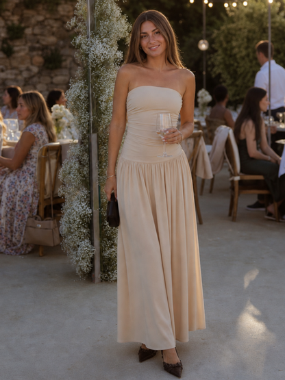 Women's Strapless Midi Dress with Ruched Bodice for Evening