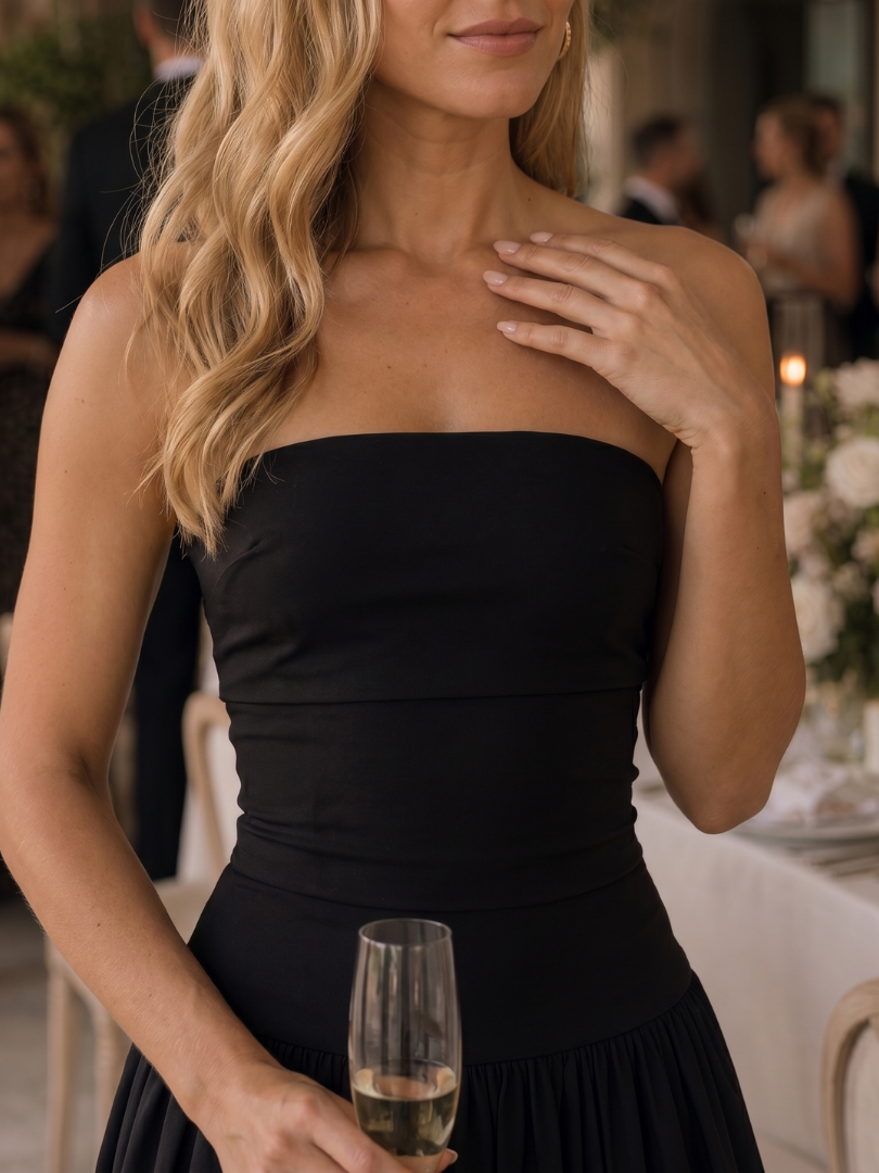 Women's Strapless Midi Dress with Ruched Bodice for Evening