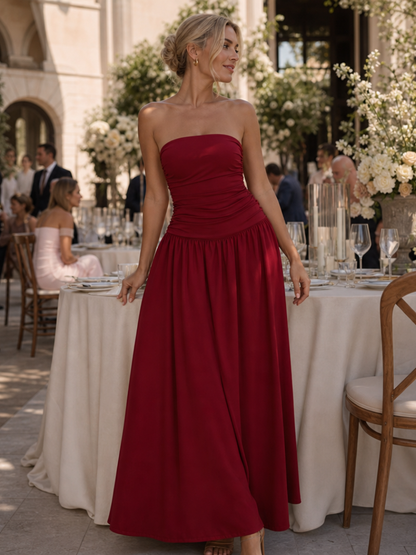Women's Strapless Midi Dress with Ruched Bodice for Evening