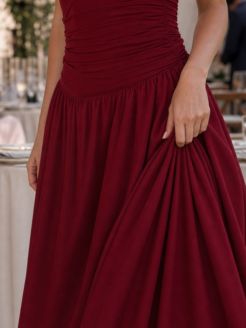 Women's Strapless Midi Dress with Ruched Bodice for Evening