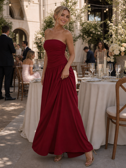 Women's Strapless Midi Dress with Ruched Bodice for Evening