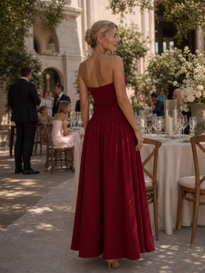 Women's Strapless Midi Dress with Ruched Bodice for Evening
