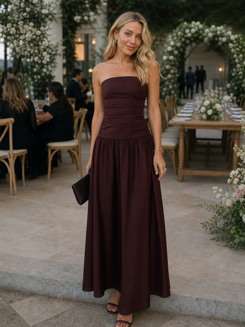 Women's Strapless Midi Dress with Ruched Bodice for Evening