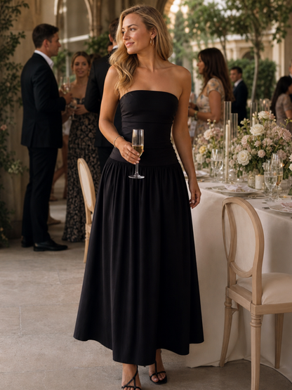 Women's Strapless Midi Dress with Ruched Bodice for Evening