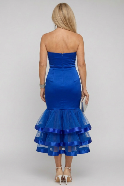 Women's Strapless Midi Dress with Ruffle Hem for Evening