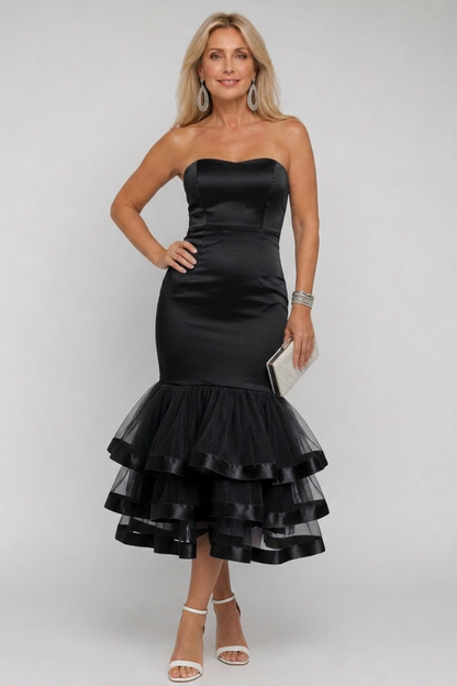 Women's Strapless Midi Dress with Ruffle Hem for Evening