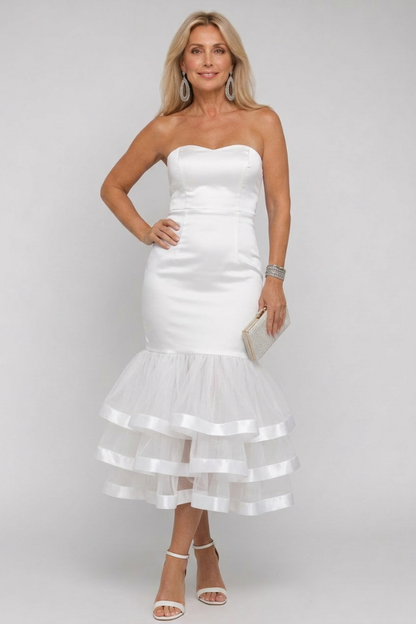 Women's Strapless Midi Dress with Ruffle Hem for Evening